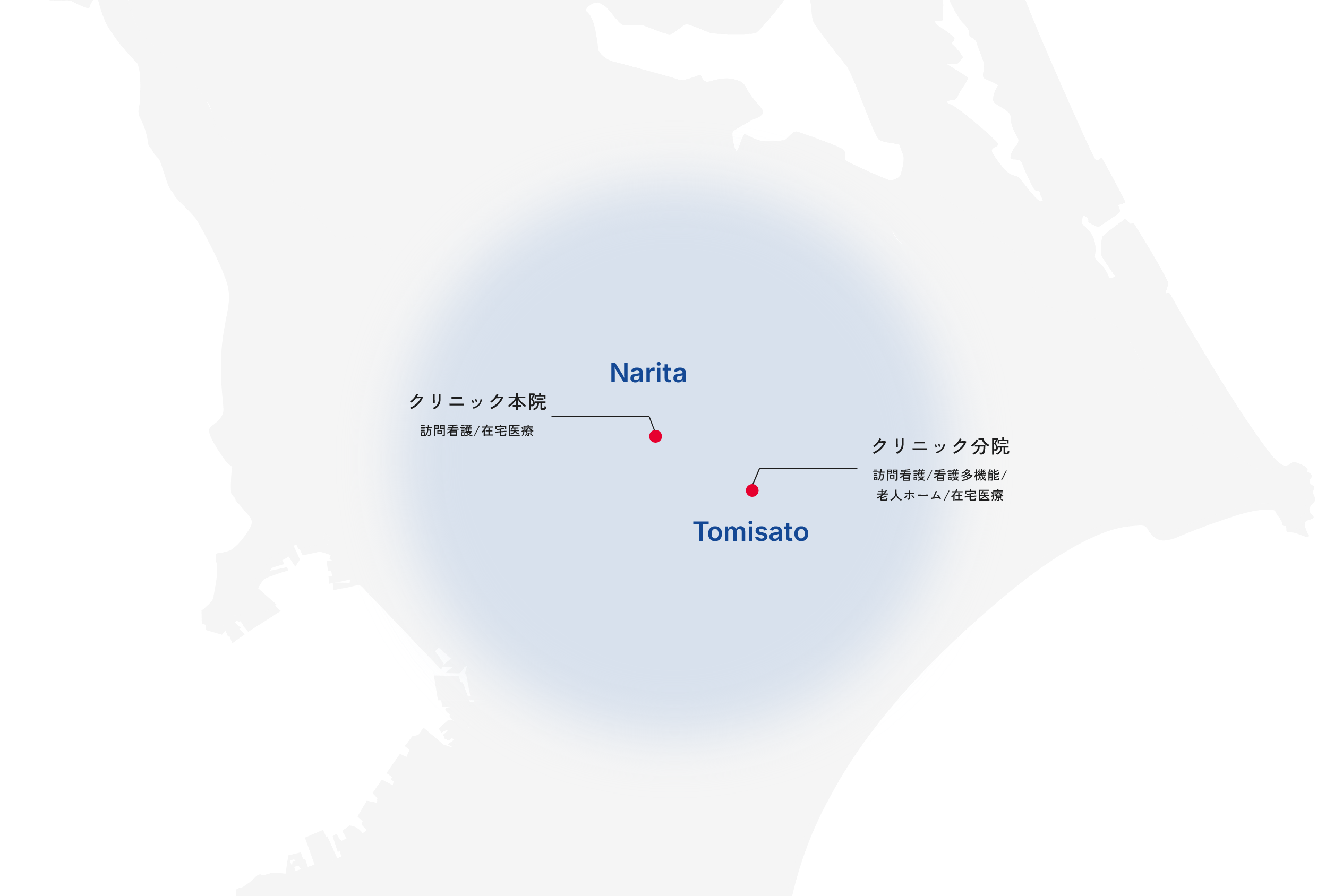 成田市・富里市をはじめとする、隣接する市町村まで、2つの拠点で地域医療を支えています。